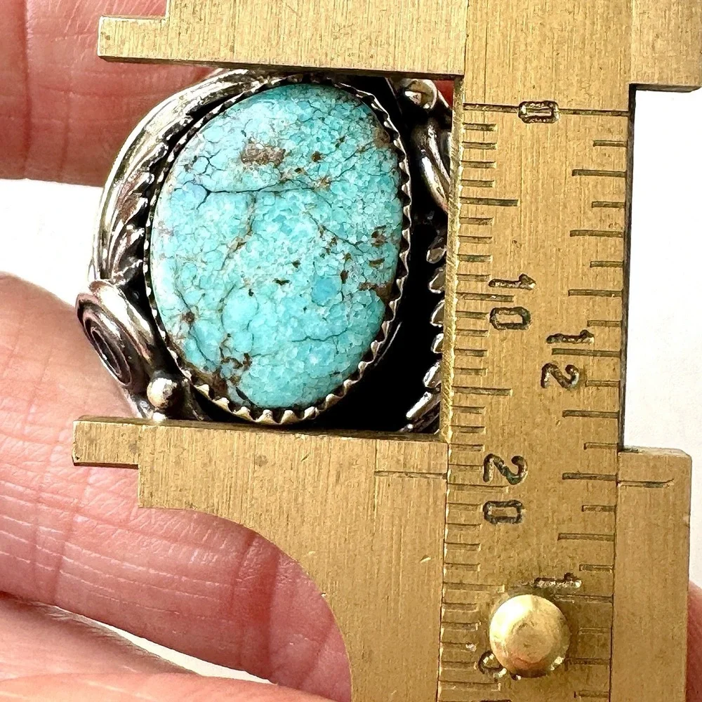 Navajo Turquoise Mens Ring Sz 12 Leaf Feather Signed Morgan Sterling Native